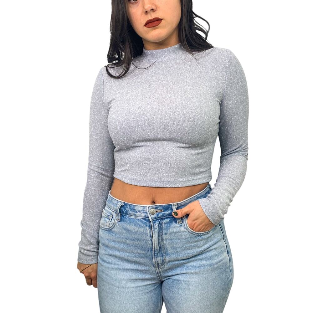 Elodie Crop Top Blue Sparkle Long Sleeve Cutout Mock Neck Open Back Top